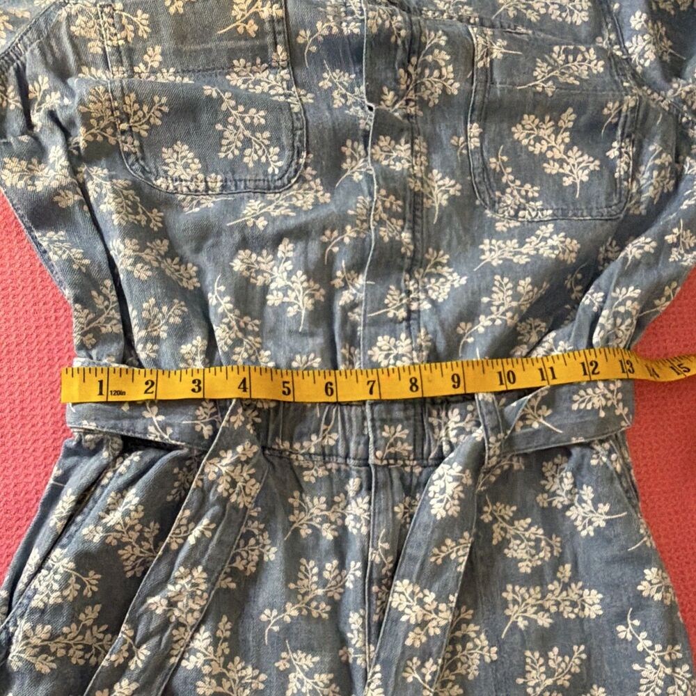 Blue Floral Denim Jumpsuit Small Long Sleeve Button Belted artsy denim utility